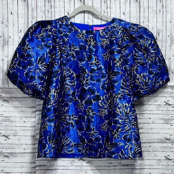 Lilly Pulitzer Pratt Short Sleeve Top Twilight Floral Brocade - Picture 3 of 10